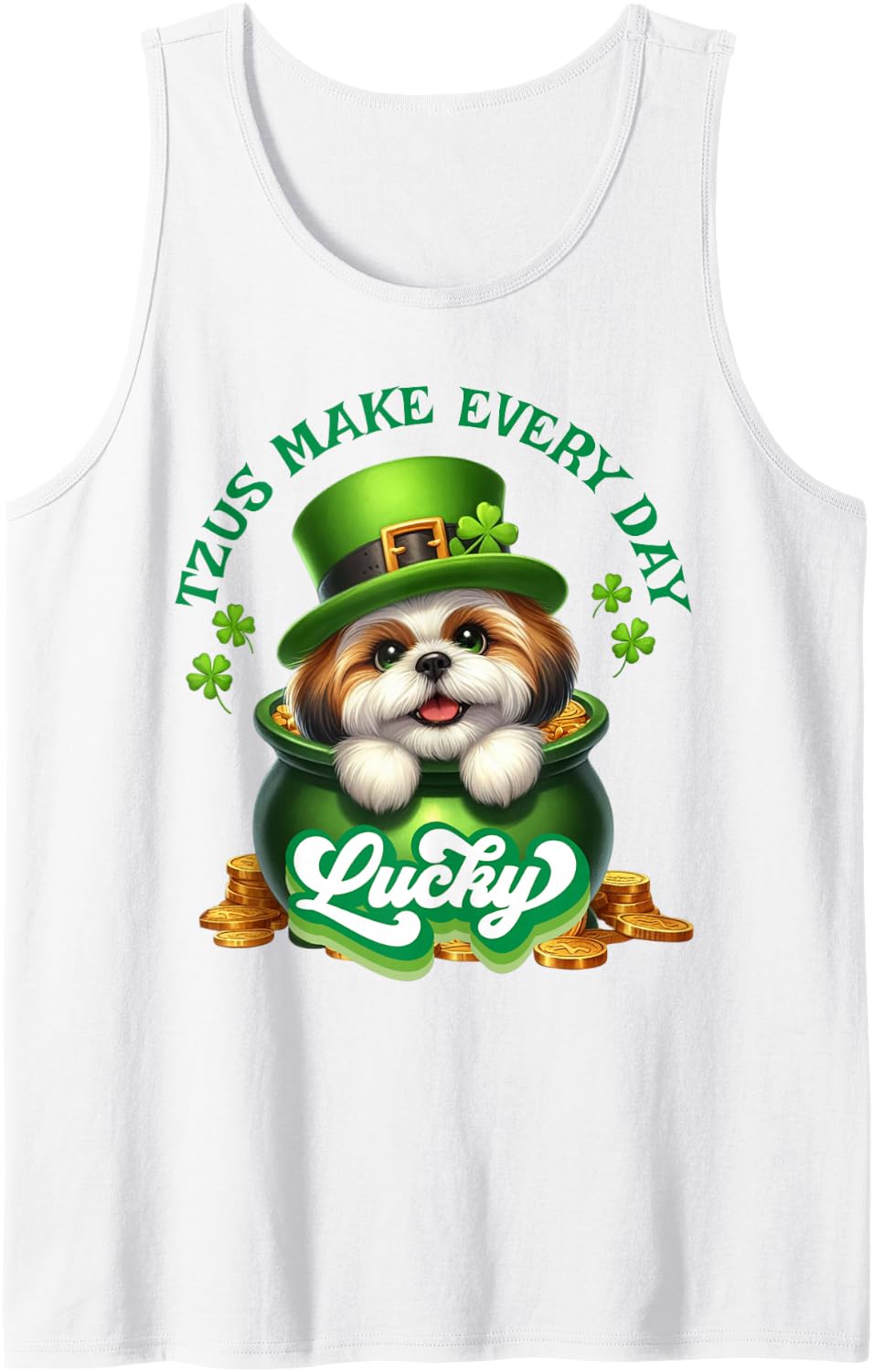 Shihtzu Lucky St Patricks Day Tzu Dog Mom Sleeveless Tank Top - White