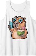 Chill Capybara with Coconut Vacation Photo Sleeveless Tank Top - White