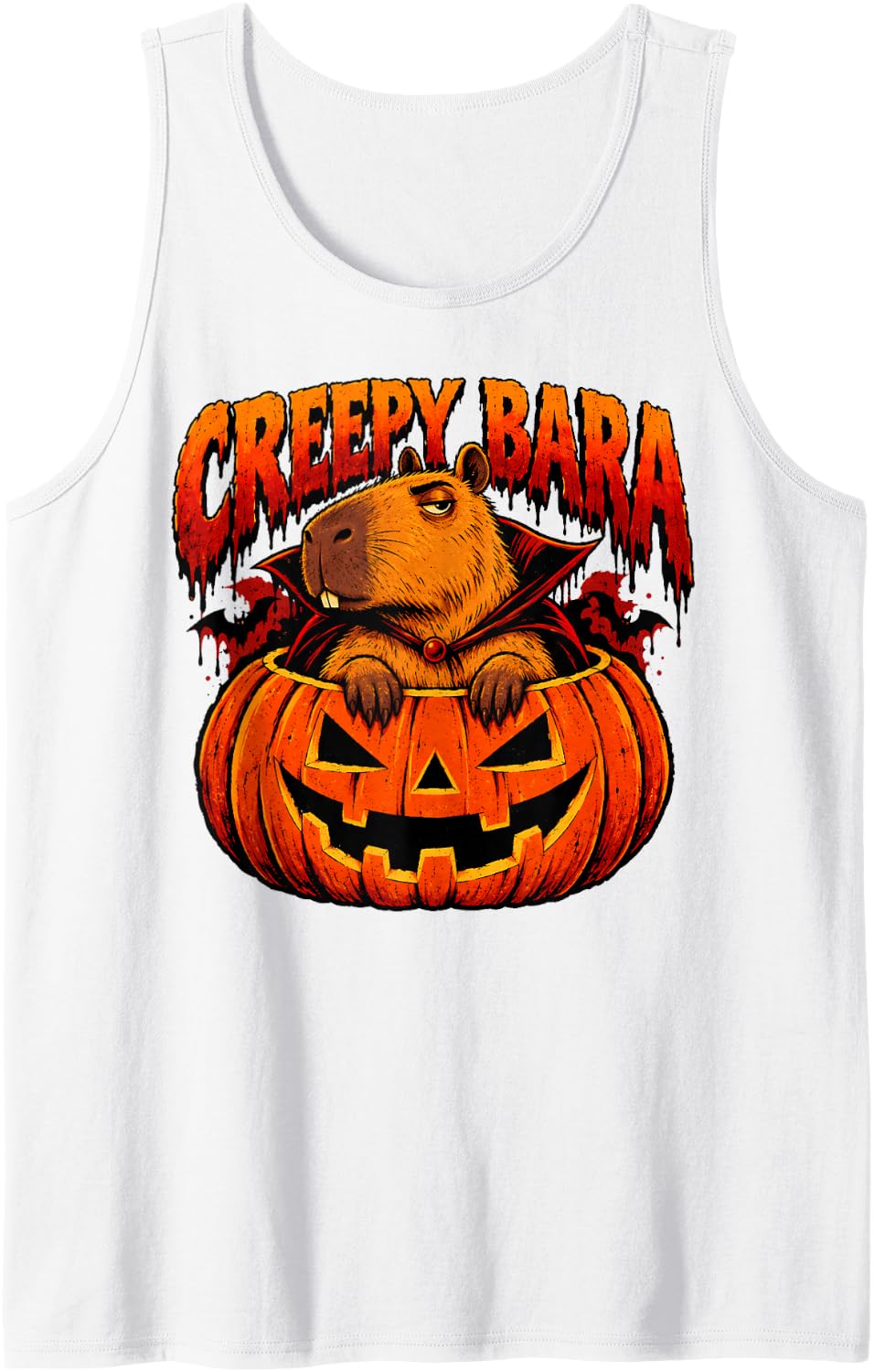Creepy Bara Capybara Vampire Halloween Pumpkin Pun Funny Sleeveless Tank Top - White