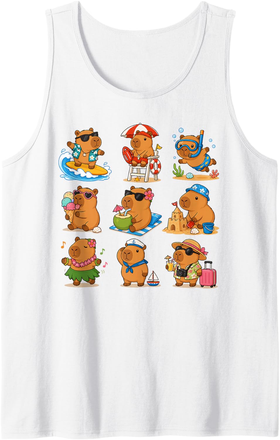Capybara Summer Vacation Cute Beach Animal Cartoon Tank Top - White