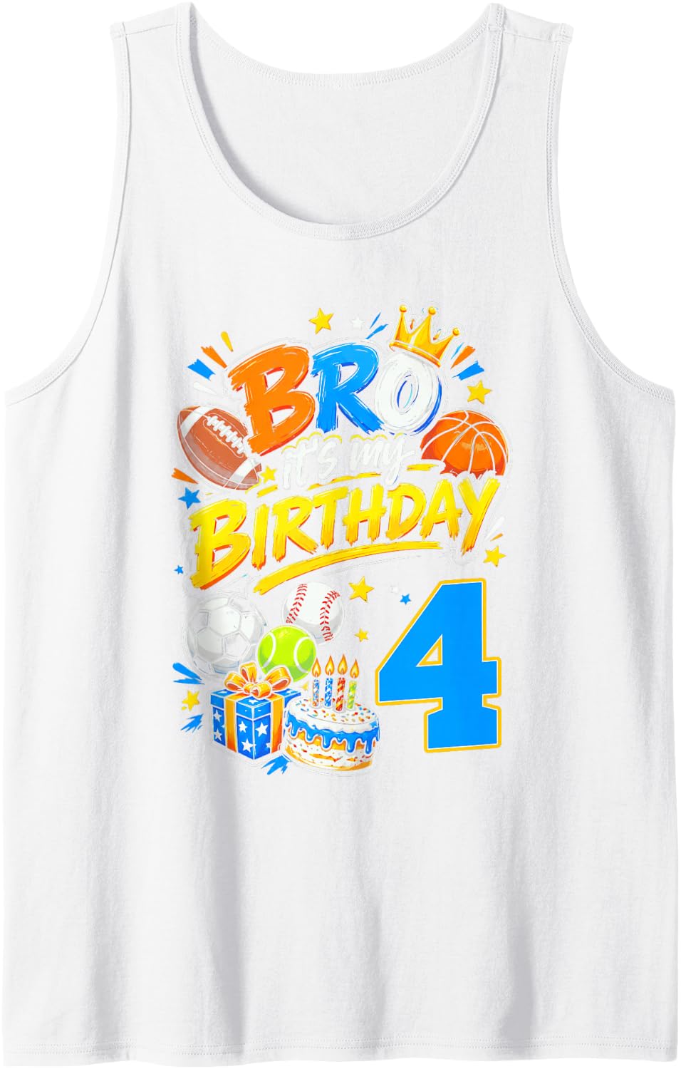 Bro It's My 4th Birthday Sports Themed Party 4 Year Old Sleeveless Tank Top - White