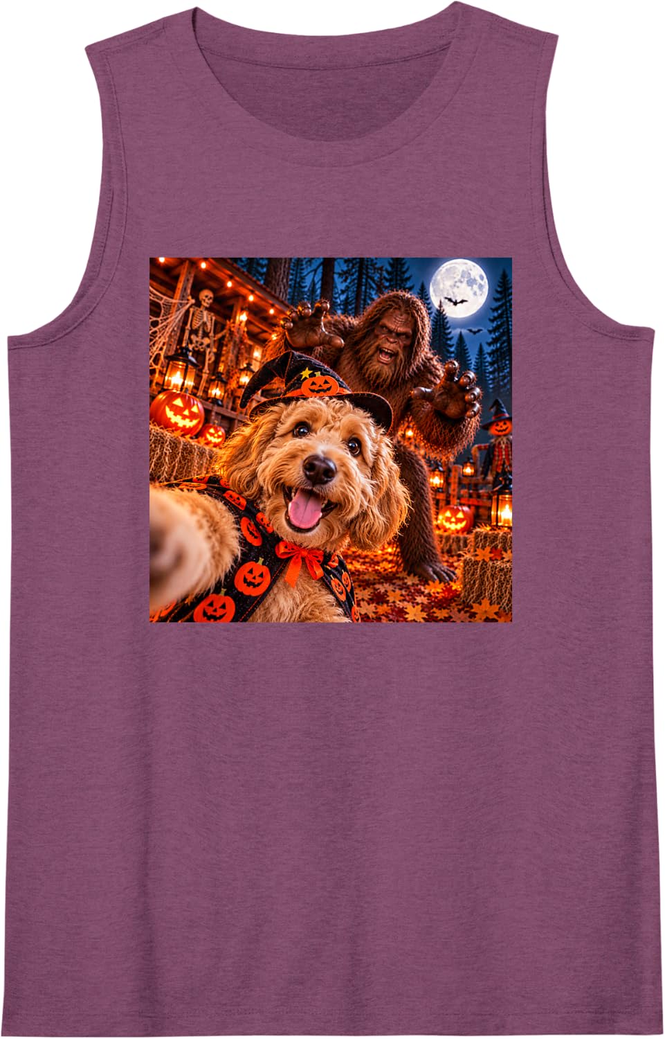 Goldendoodle Selfie Halloween Dog Bigfoot Funny Photobomb Sleeveless Tank Top - Purple
