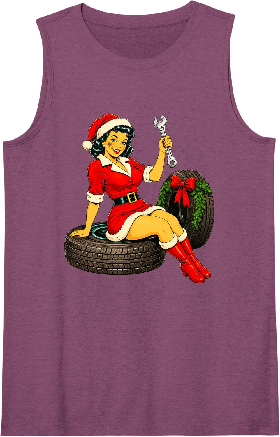 Vintage Christmas Mechanic Retro Auto Shop Santa Girl Sleeveless Tank Top - Purple