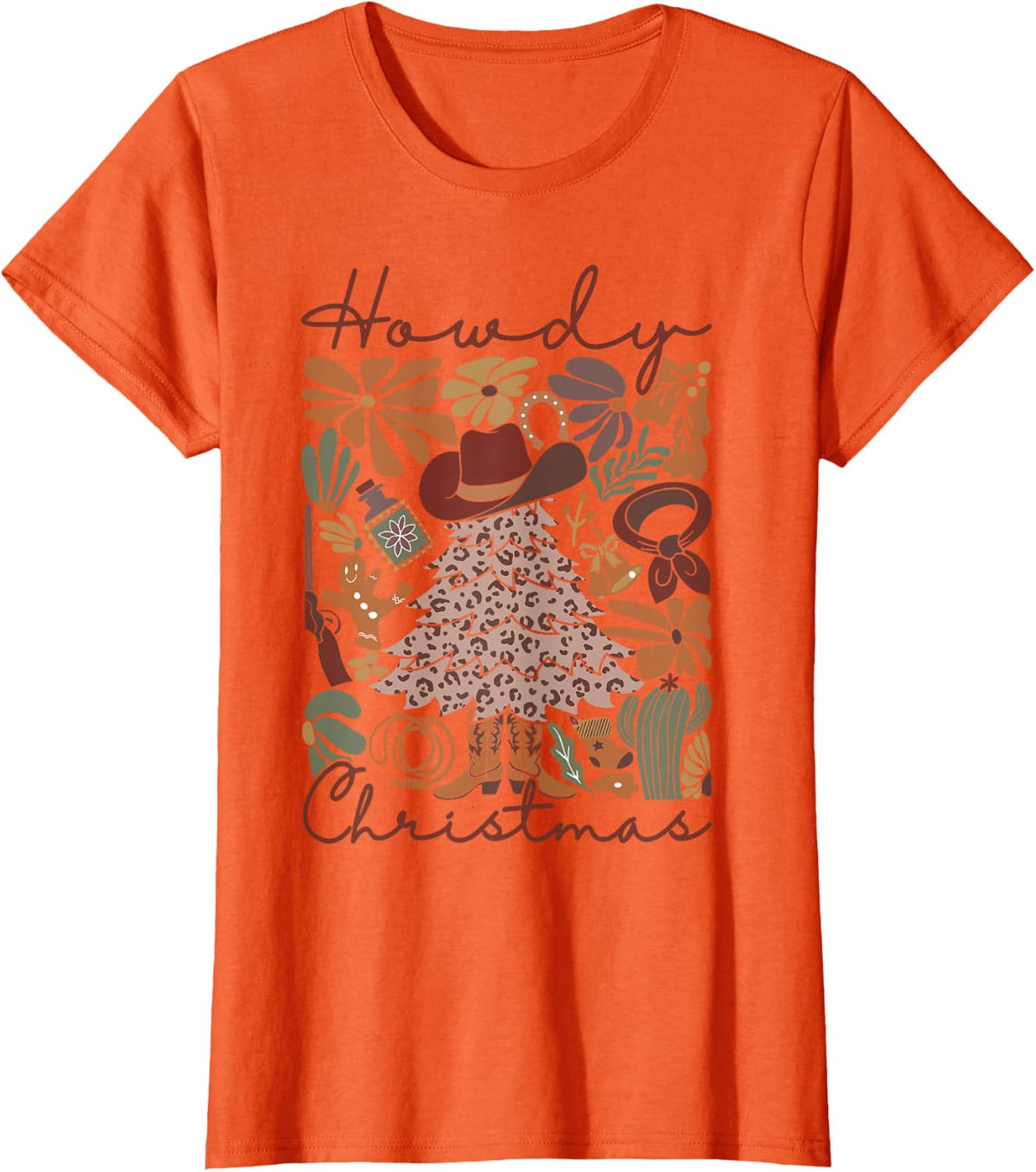 Western Santa Hat Howdy Christmas Tree Boho Flower Cowboy T-Shirt - Orange
