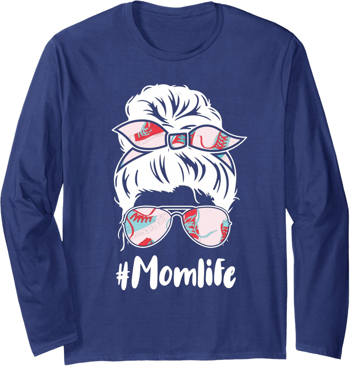 Mom Life Mothers Day Messy Bun Running Mom Runner Mama Momma Long Sleeve T-Shirt - Adult Unisex Navy Blue