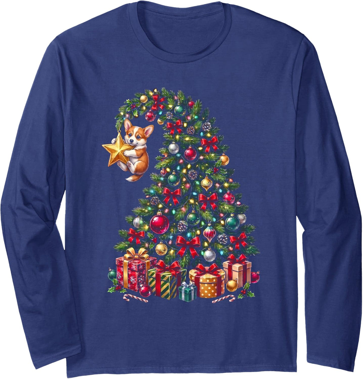 Pembroke Welsh Corgi Hanging from Christmas Tree Festive Long Sleeve T-Shirt - Adult Unisex Navy Blue