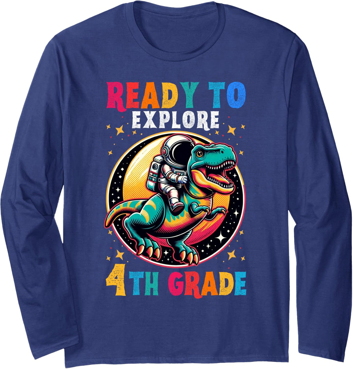 First Day Back to School 4th Grade Astronaut Dinosaur Boys Long Sleeve T-Shirt - Adult Unisex Navy Blue
