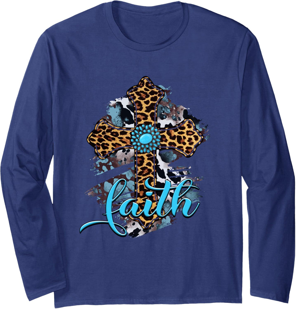 Western Boho Christian Turquoise Leopard Faith Cross Jesus Long Sleeve T-Shirt - Adult Unisex Navy Blue