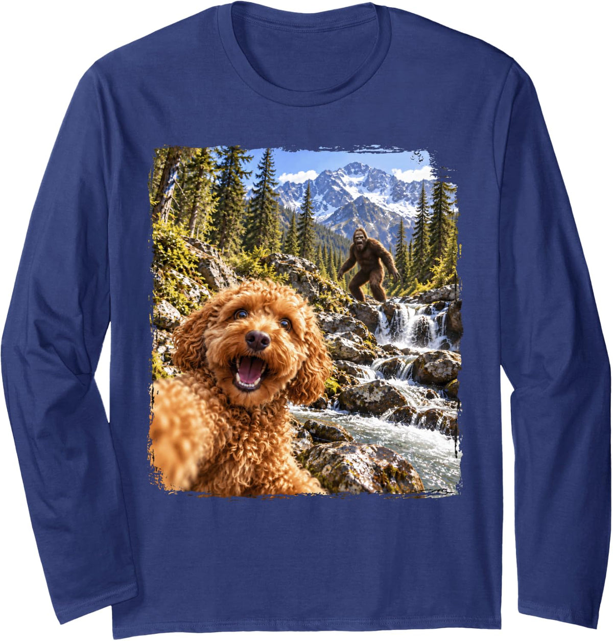 Goldendoodle Bigfoot Selfie Mountain Funny Long Sleeve T-Shirt - Adult Unisex Navy Blue