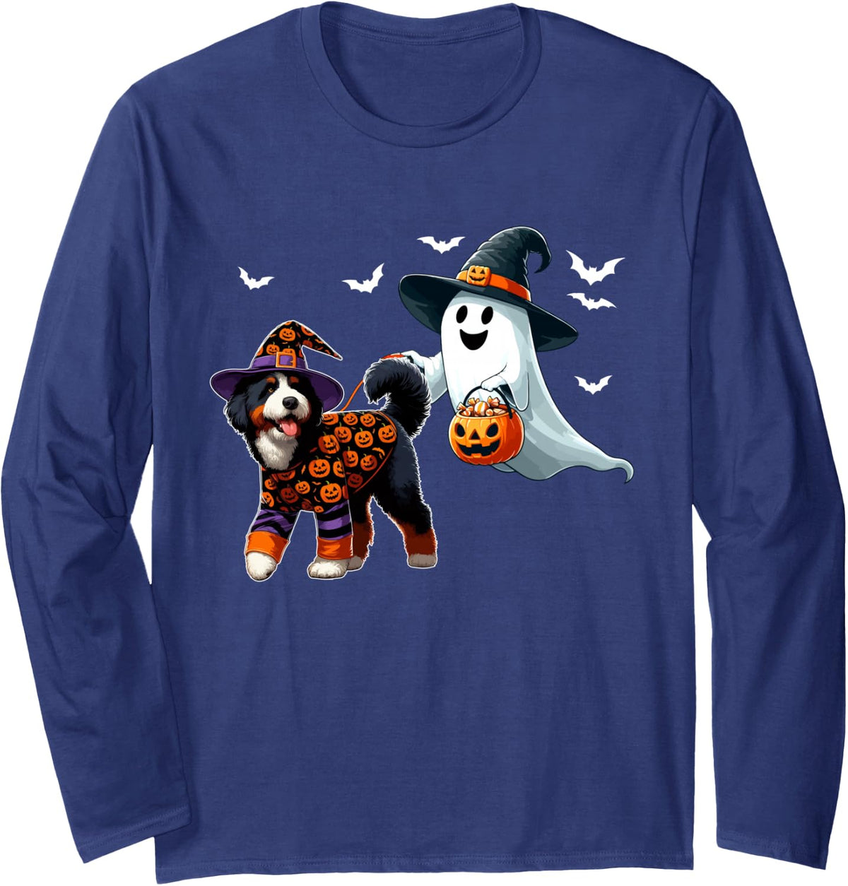Boo Ghost with Bernedoodle As Witch Halloween Owner Kids Long Sleeve T-Shirt - Adult Unisex Navy Blue