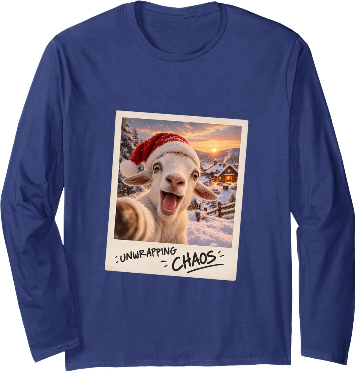 Unwrapping Chaos White Goat Selfie Christmas Long Sleeve T-Shirt - Adult Unisex Navy Blue