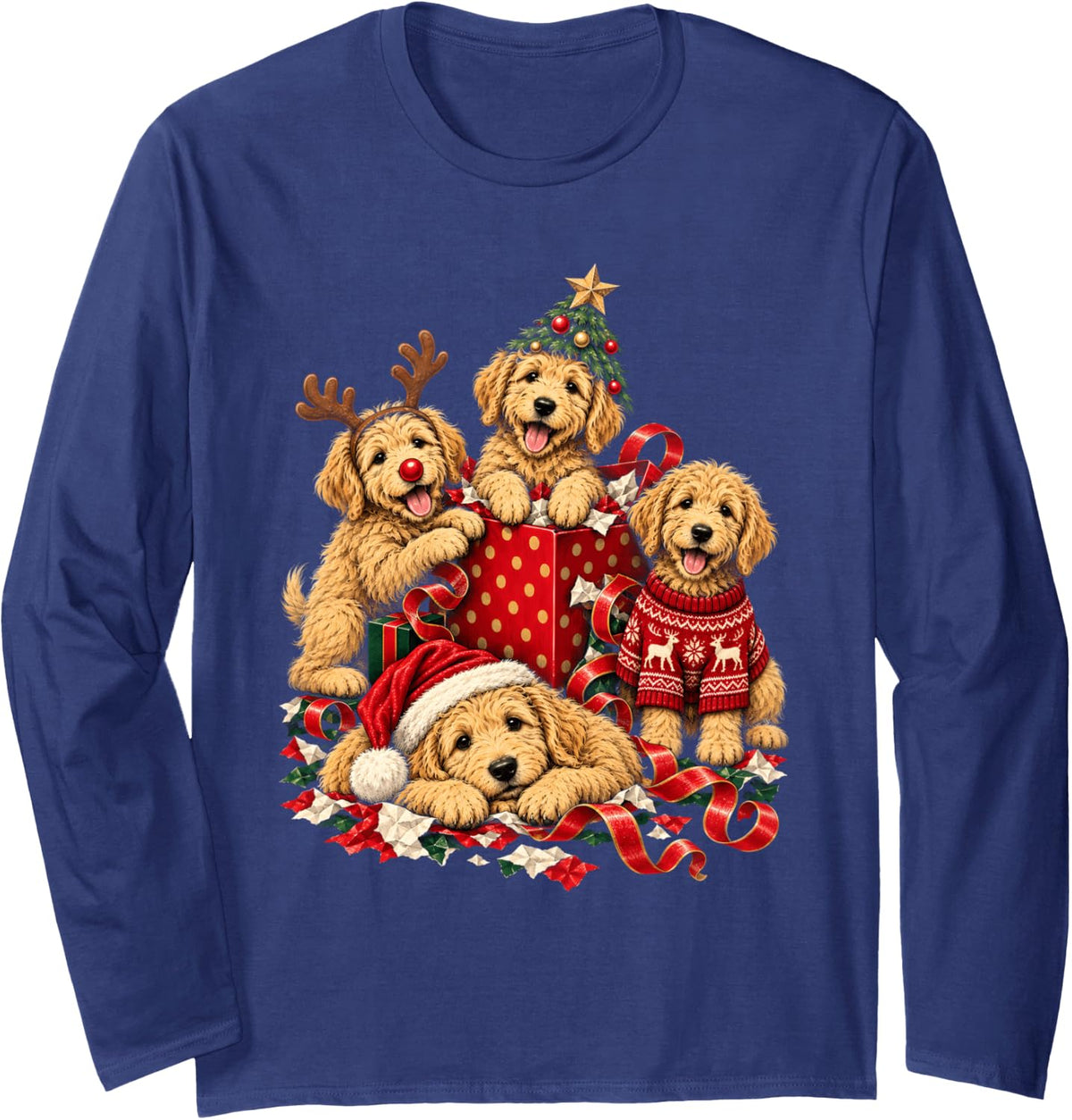 Golden Doodle Christmas Goldendoodle Women Girls Xmas Long Sleeve T-Shirt - Adult Unisex Navy Blue