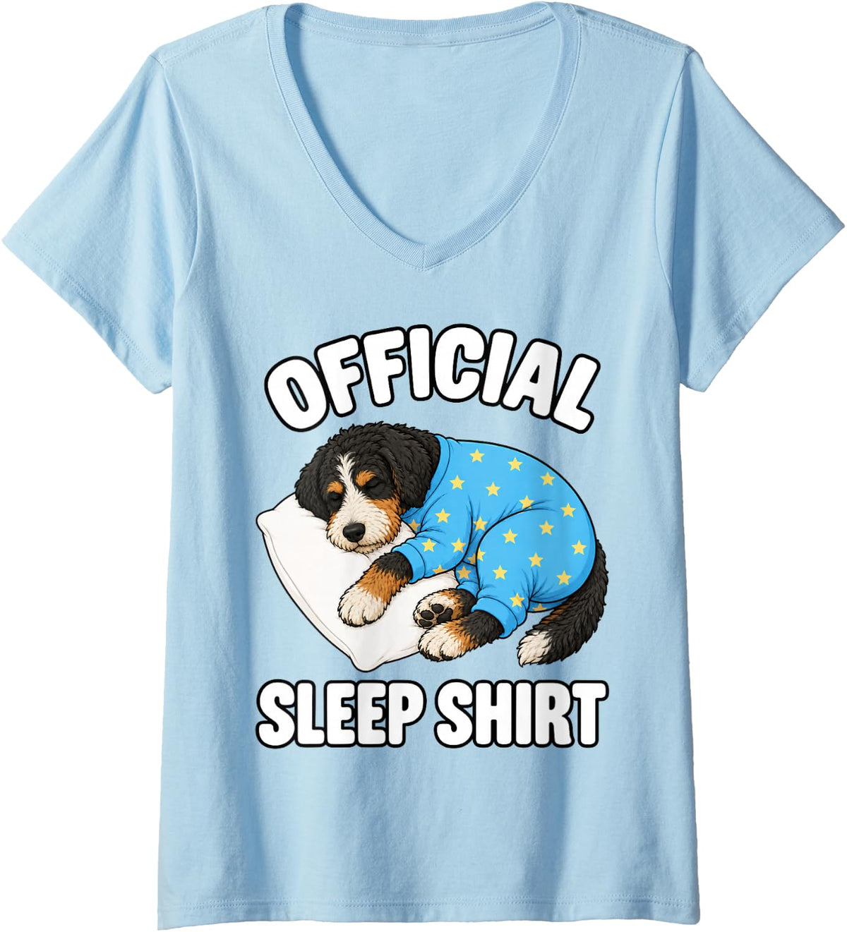 Women's Bernedoodle Sleeping in Pajamas Official Sleepshirt Cute V-Neck T-Shirt - Baby Blue