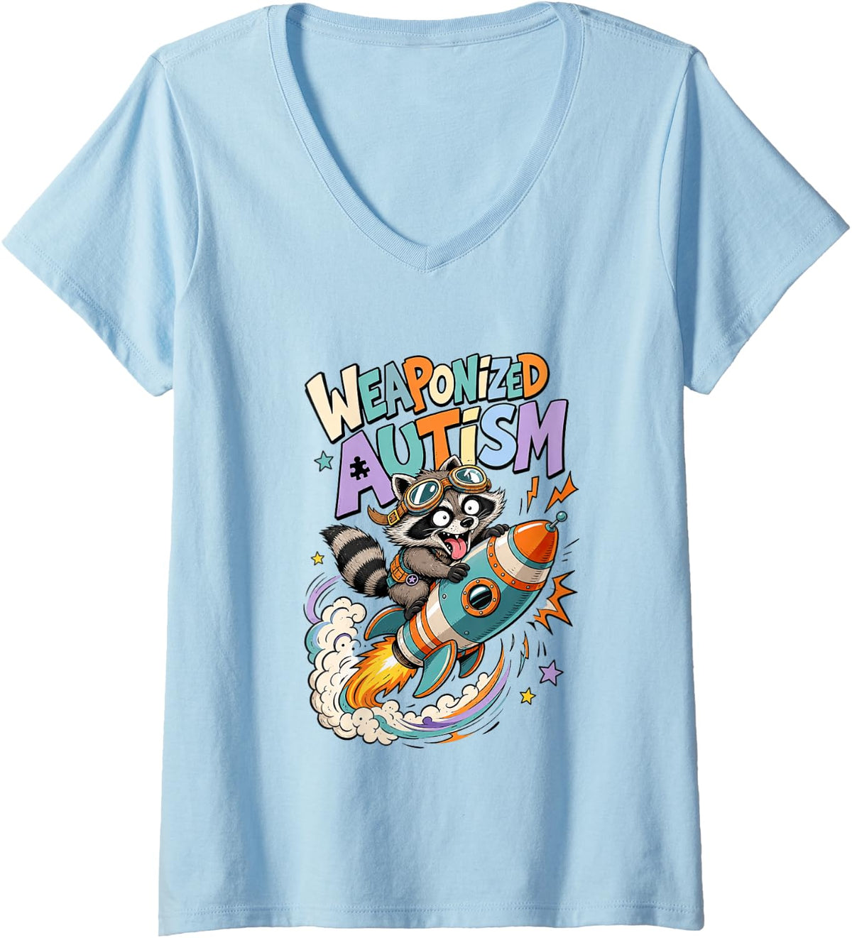 Women's Weaponized Autism Funny Raccoon Rocket Puzzle Men Women V-Neck T-Shirt - Baby Blue