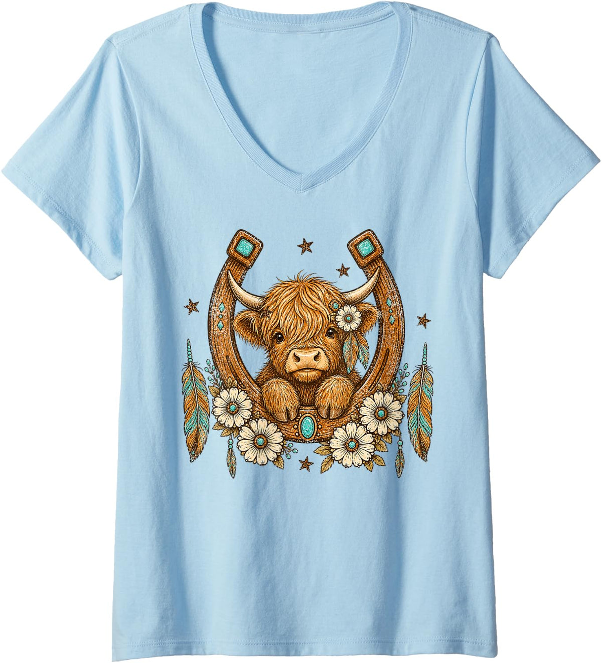 Women's Boho Highland Cow in Horseshoe with Turquoise Western V-Neck T-Shirt - Baby Blue