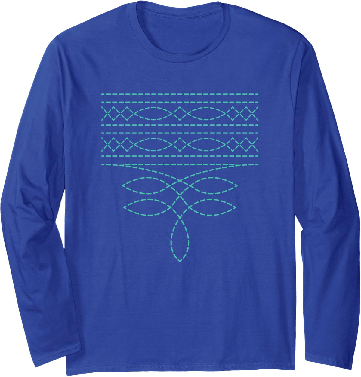 Teal Western Boot Stitch Rodeo Cowgirl and Cowboy Long Sleeve T-Shirt - Adult Unisex Royal Blue