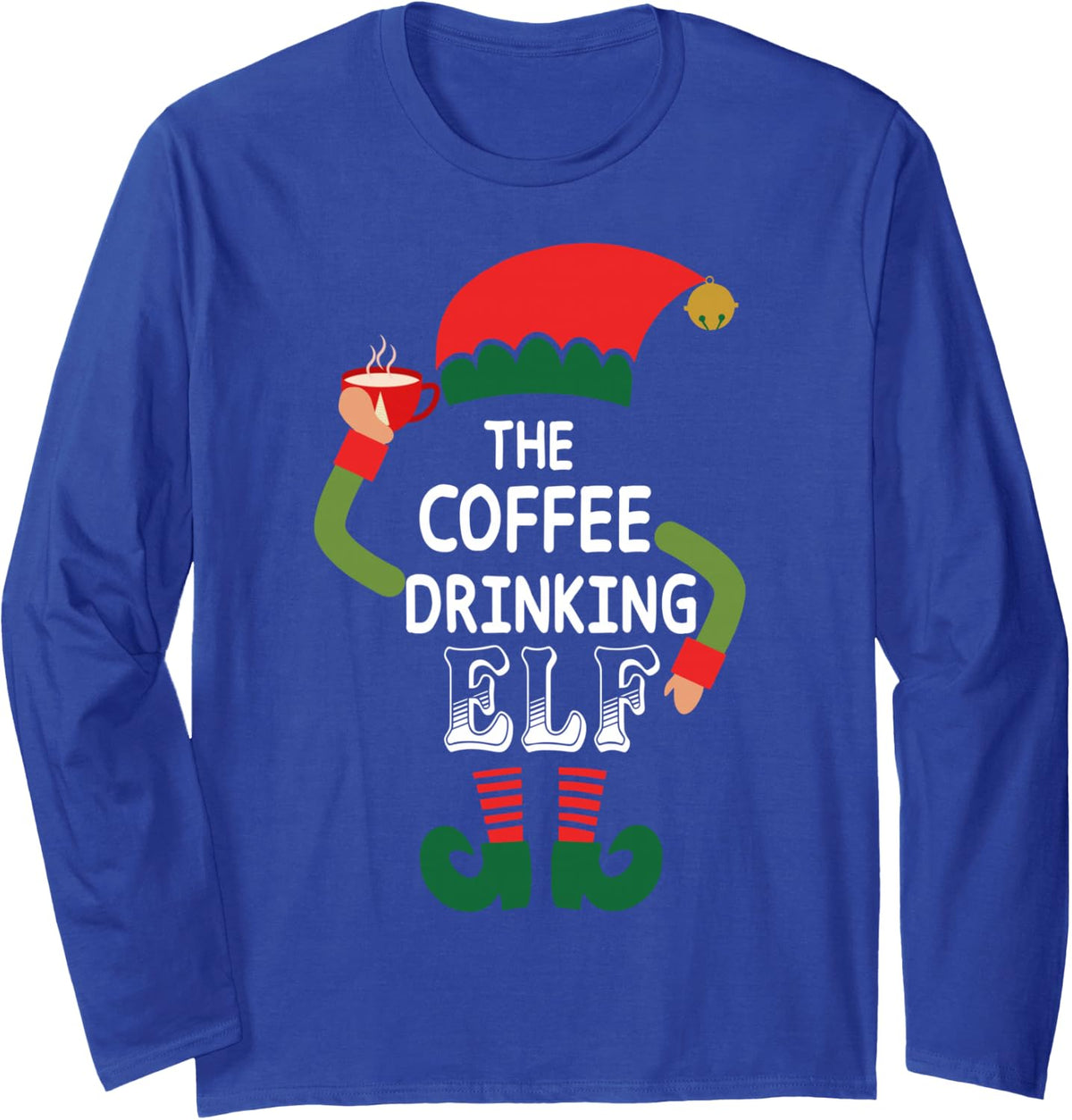 Coffee Drinking Elf Group Matching Family Christmas Funny Long Sleeve T-Shirt - Adult Unisex Royal Blue