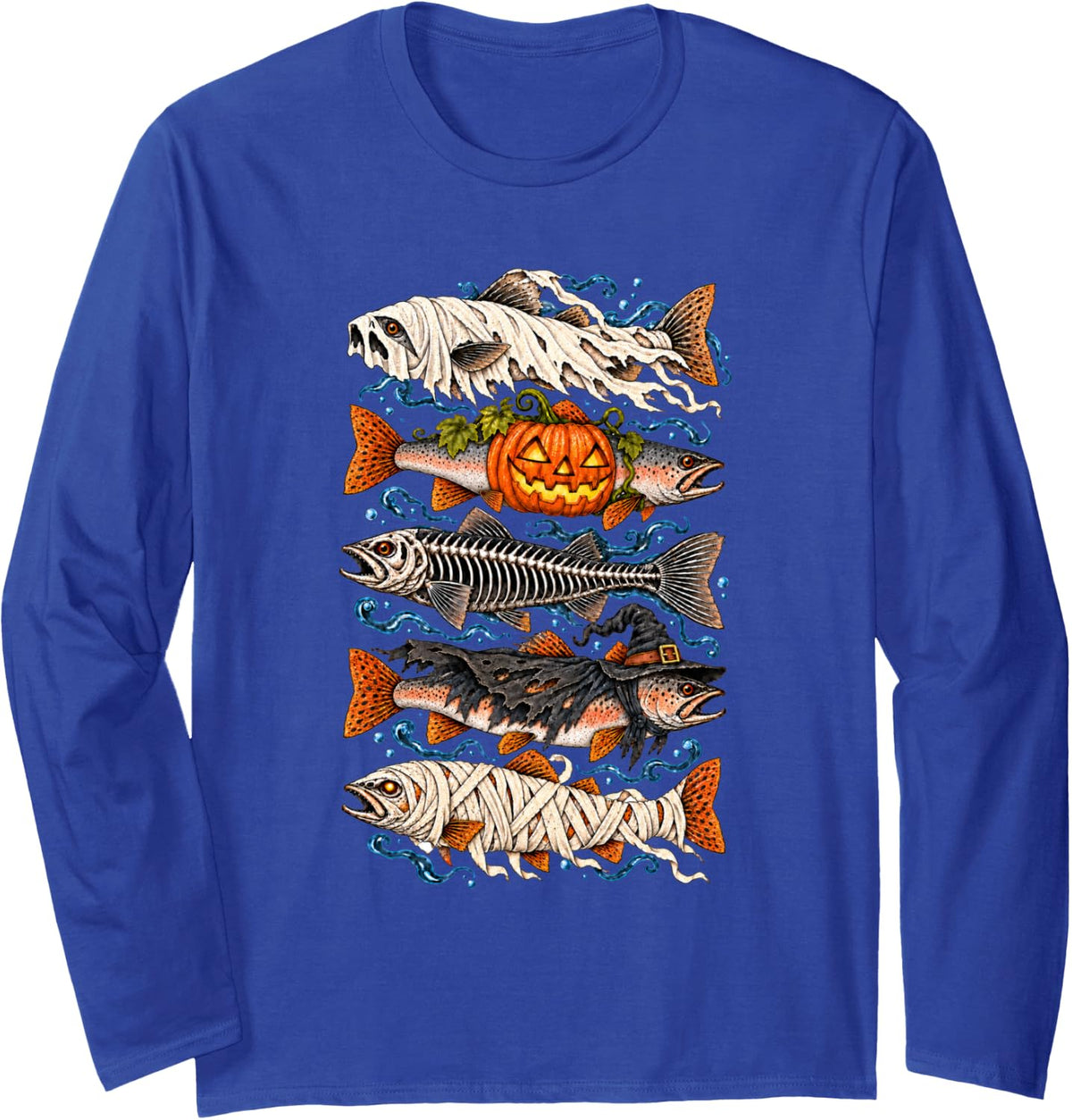 Trout Fish Ghost Pumpkin Skeleton Witch Mummy Halloween Long Sleeve T-Shirt - Adult Unisex Royal Blue
