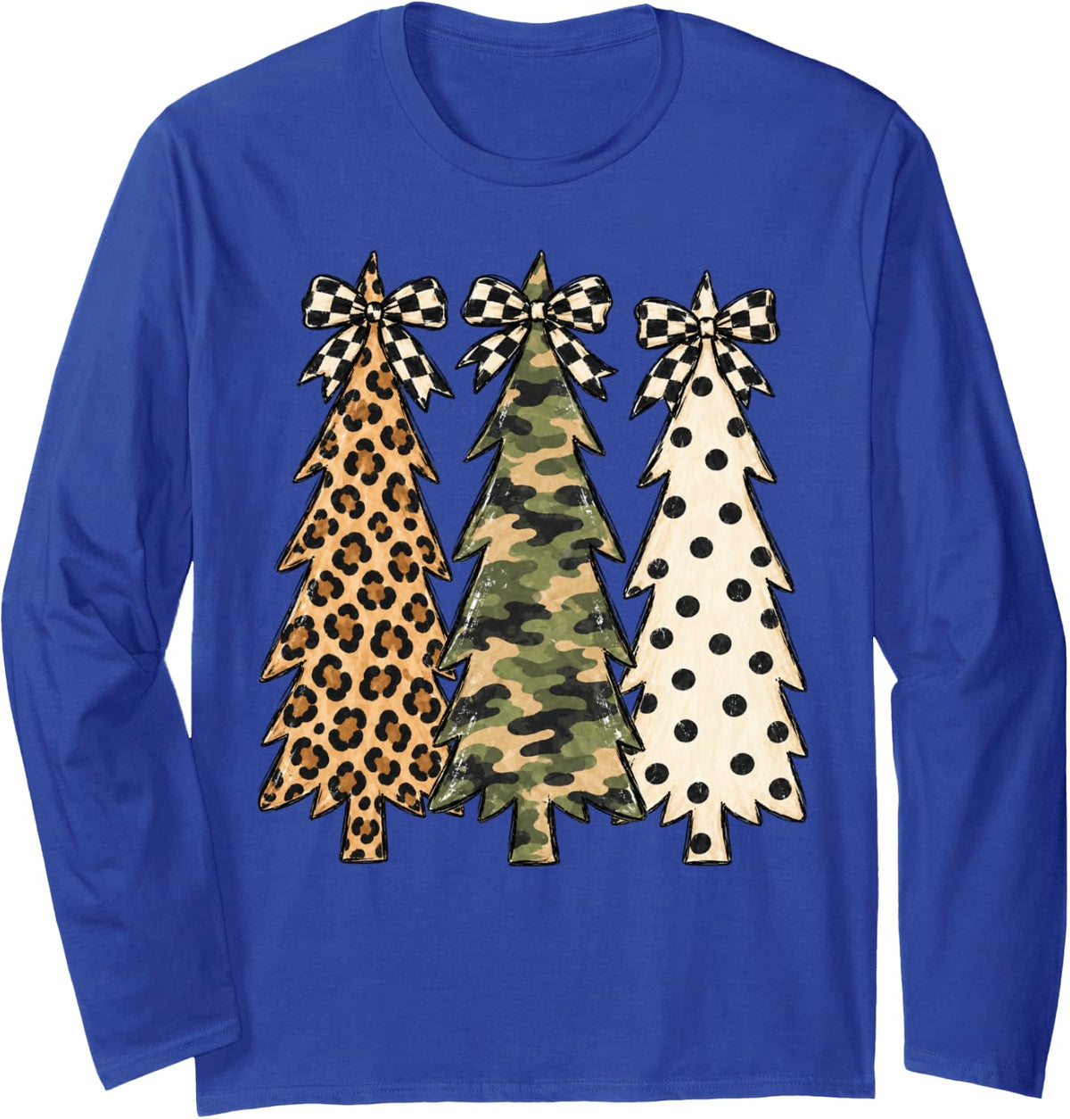 Leopard Camo Polka Dot Christmas Trees Bow Long Sleeve T-Shirt - Adult Unisex Royal Blue