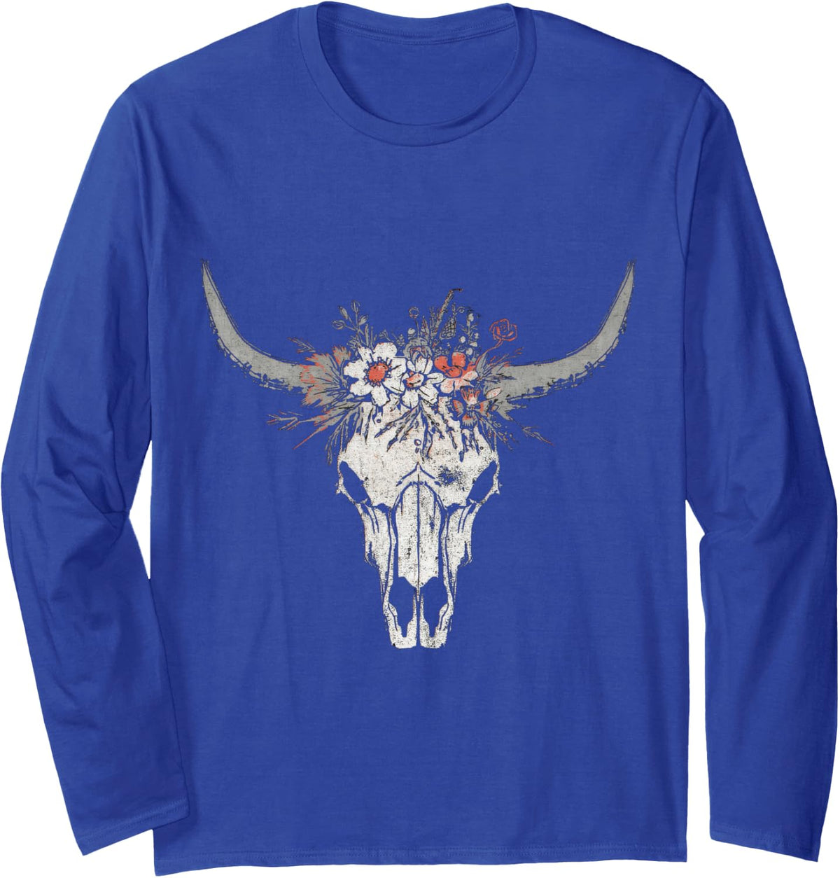 Western Boho Bull Skull Floral Crown Longhorn Bohemian Long Sleeve T-Shirt - Adult Unisex Royal Blue