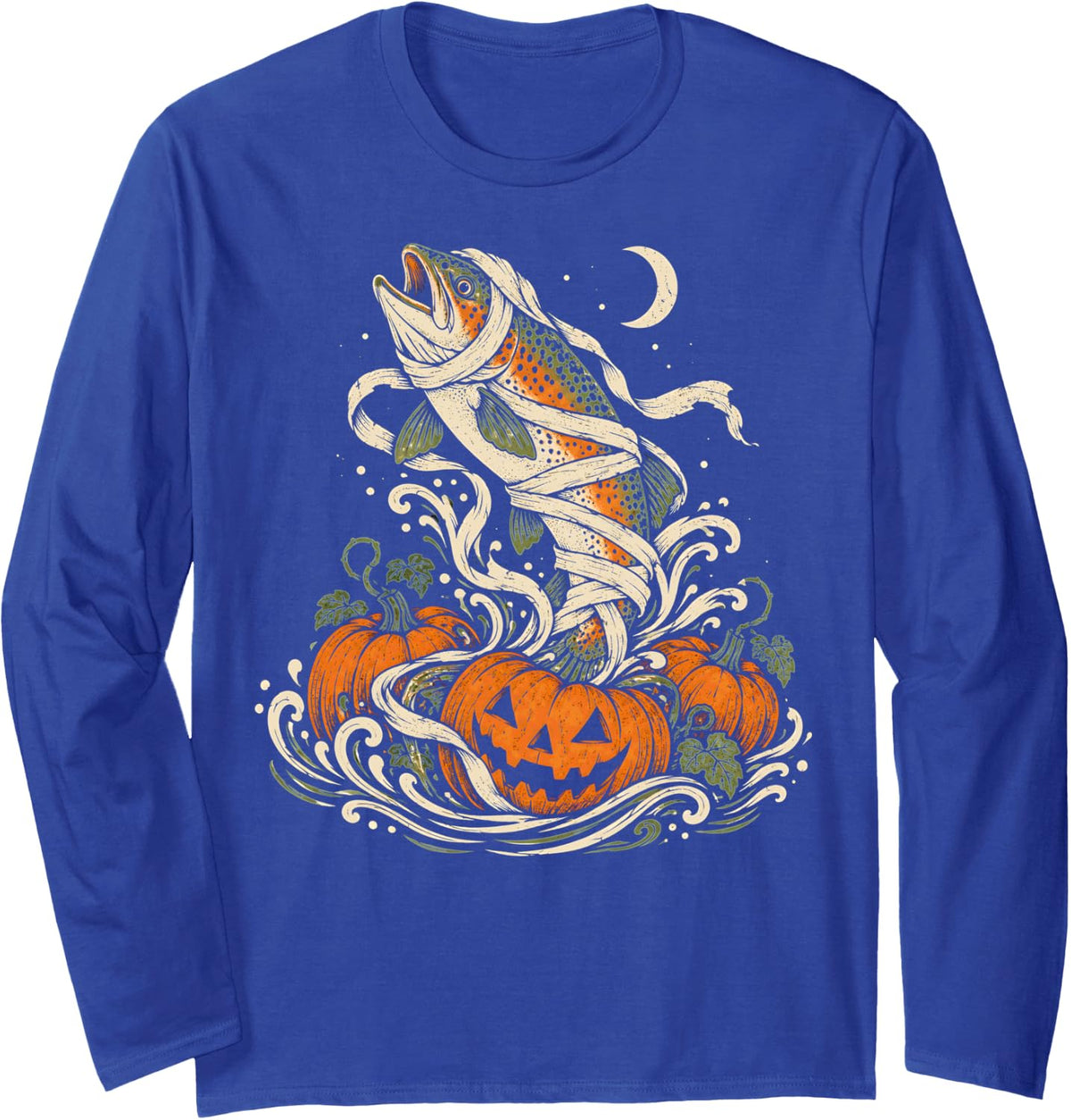Spooky Halloween Trout Fishing Ghost Pumpkin Skeleton Angler Long Sleeve T-Shirt - Adult Unisex Royal Blue