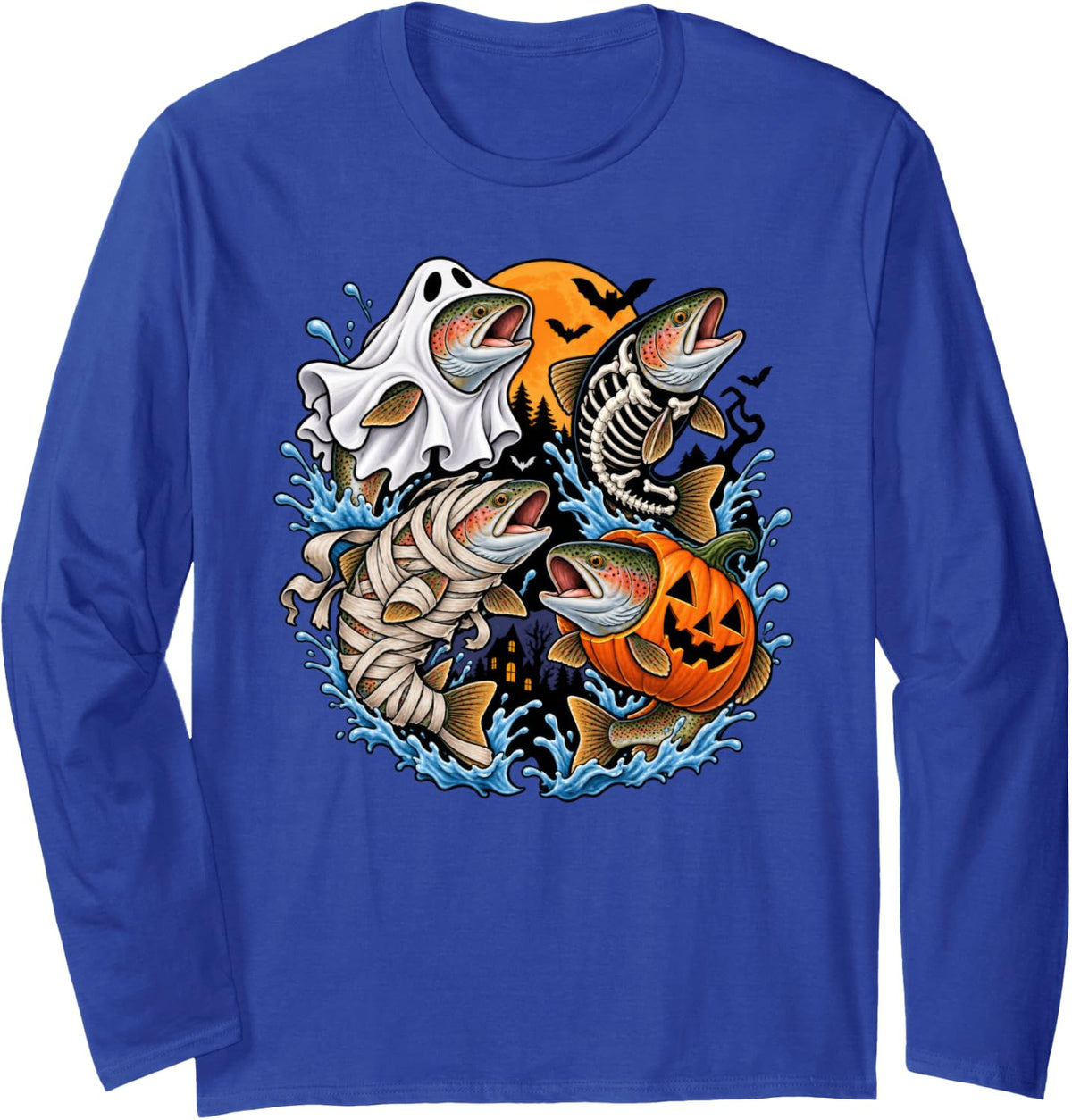 Trout Fish Ghost Pumpkin Skeleton Mummy Halloween Fishing Long Sleeve T-Shirt - Adult Unisex Royal Blue