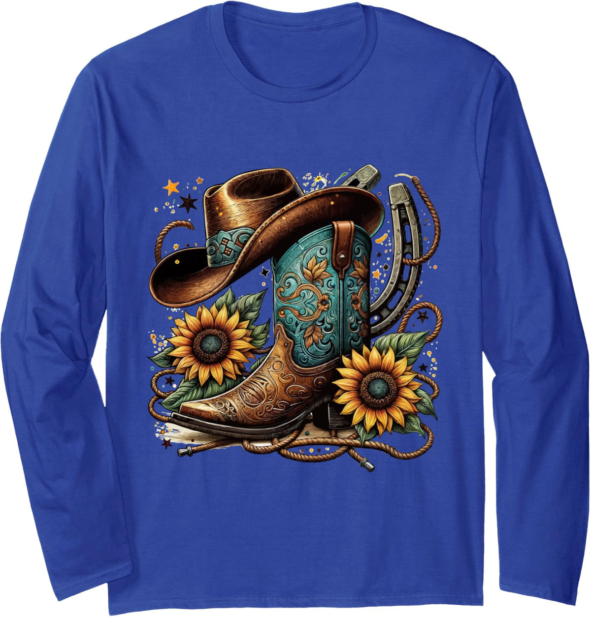 Western Cowboy Boot Horseshoe Sunflower Rope Cowgirl Boot Long Sleeve T-Shirt - Adult Unisex Royal Blue