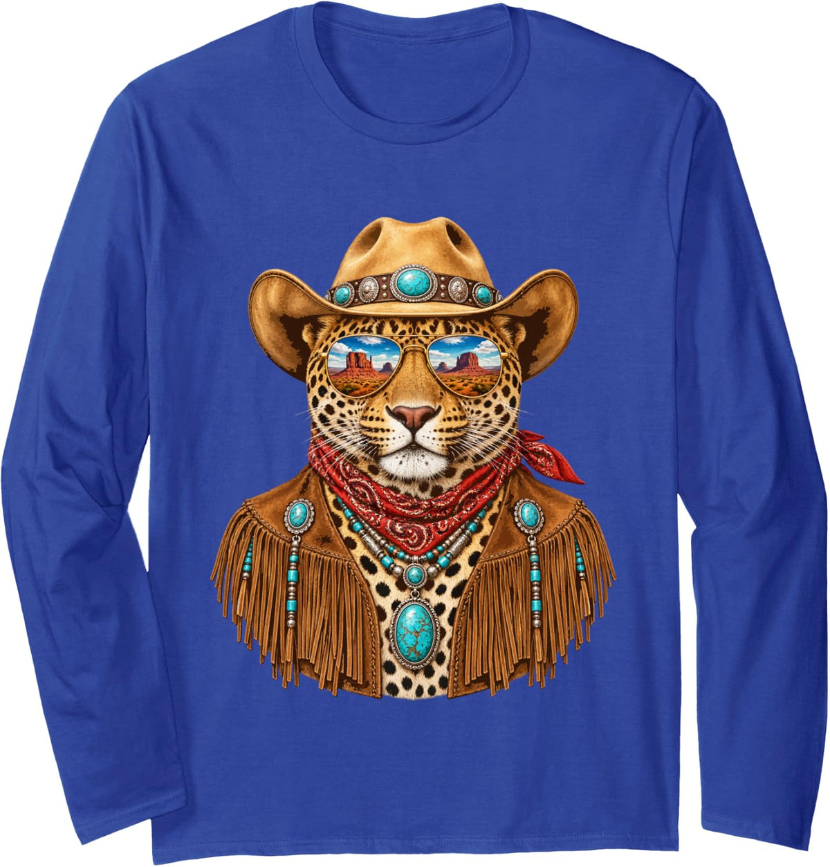 Glam Leopard with Sunglasses and Cowboy Hat Western Boho Long Sleeve T-Shirt - Adult Unisex Royal Blue