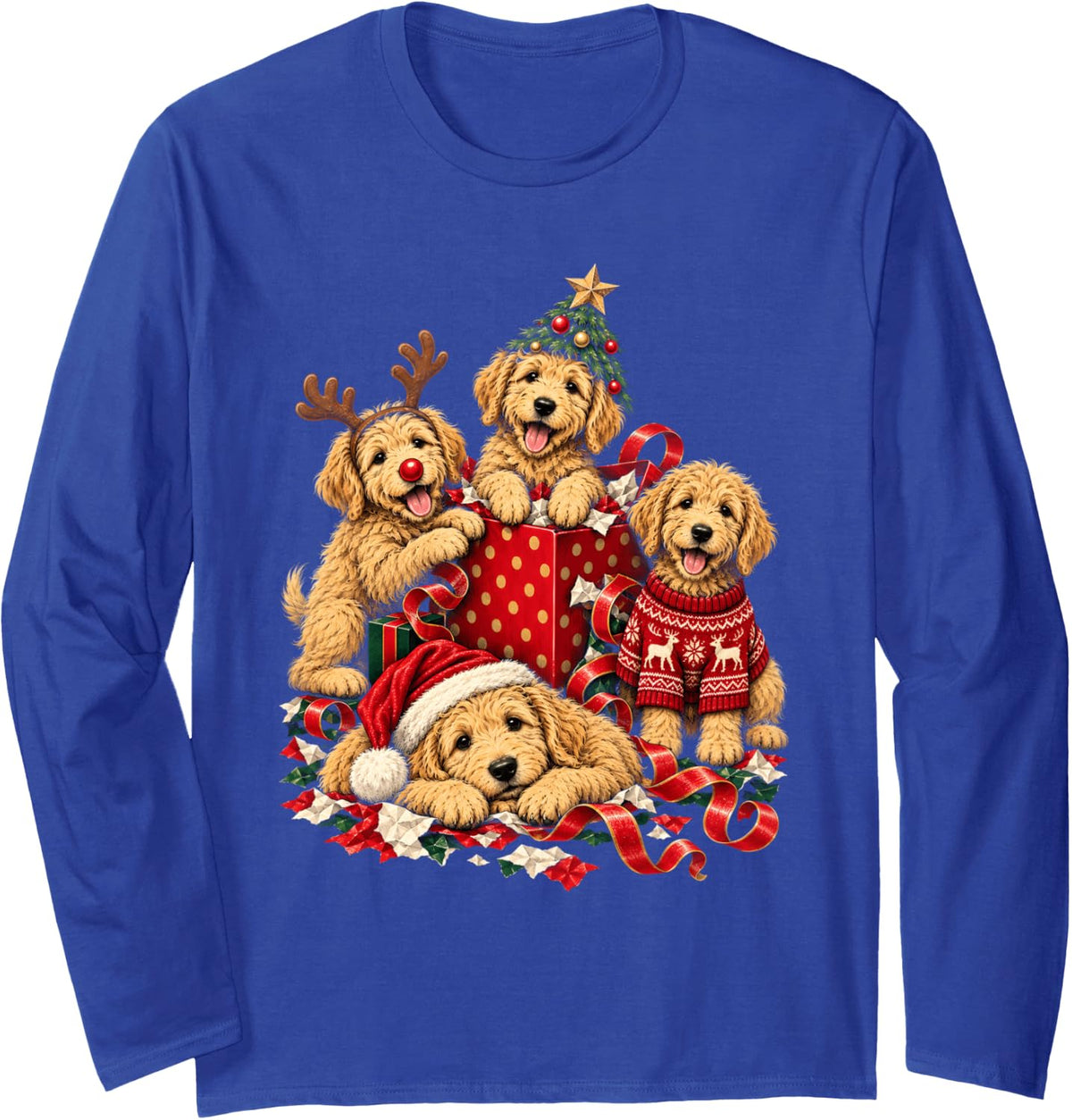 Golden Doodle Christmas Goldendoodle Women Girls Xmas Long Sleeve T-Shirt - Adult Unisex Royal Blue