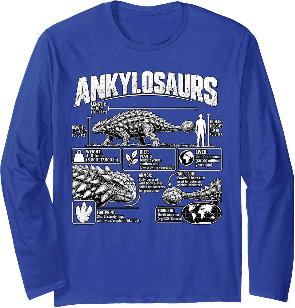 Ankylosaurus Dinosaur Infographic Paleontology Field Guide Long Sleeve T-Shirt - Adult Unisex Royal Blue