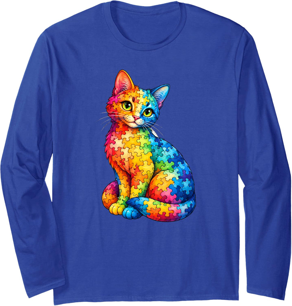 Cute Cat Autism Awareness Kids Kitten Puzzle Day Mom Long Sleeve T-Shirt - Adult Unisex Royal Blue