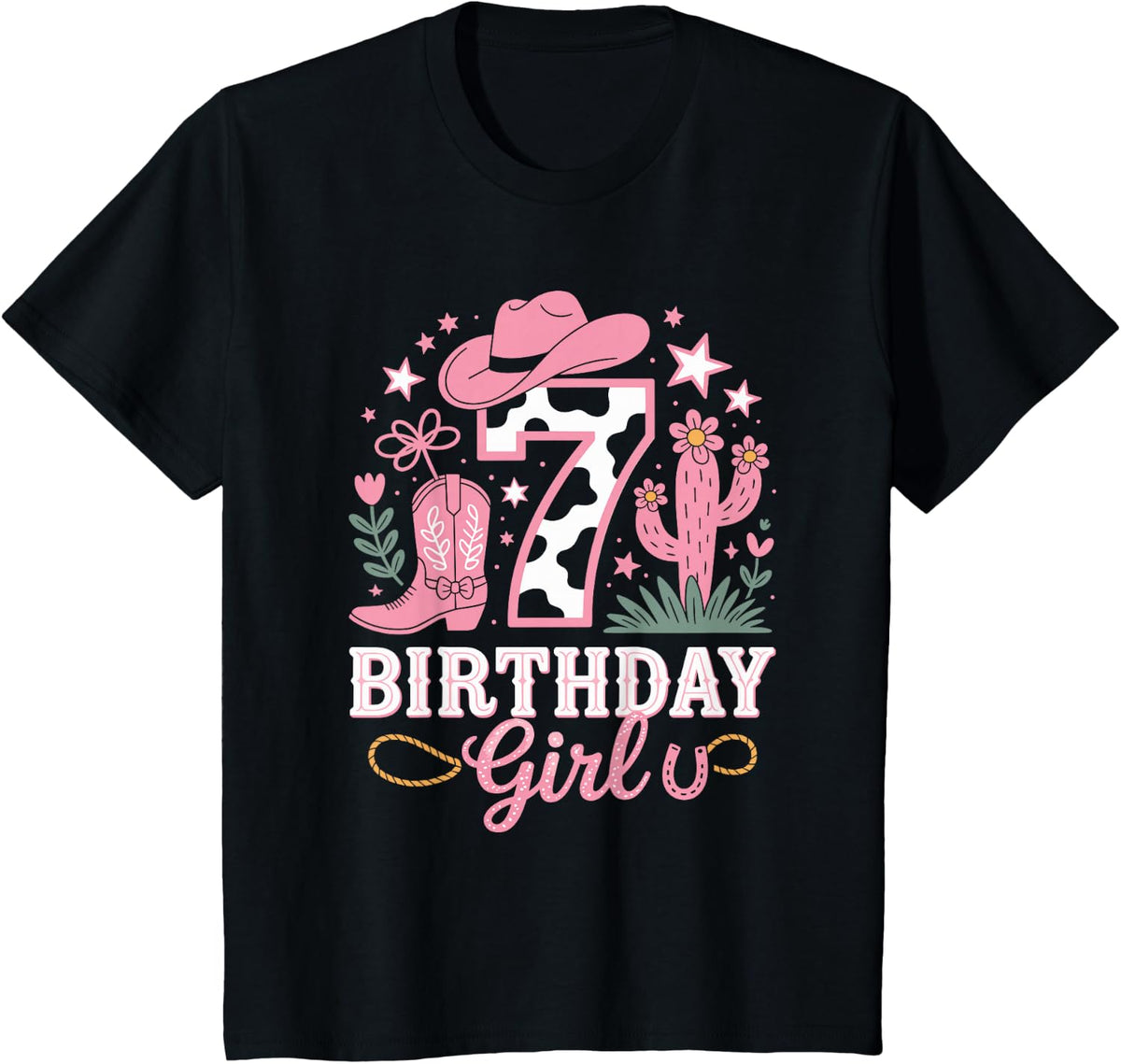 7th Birthday Cowgirl Rodeo Boots Seven Years Old Western T-Shirt - Black