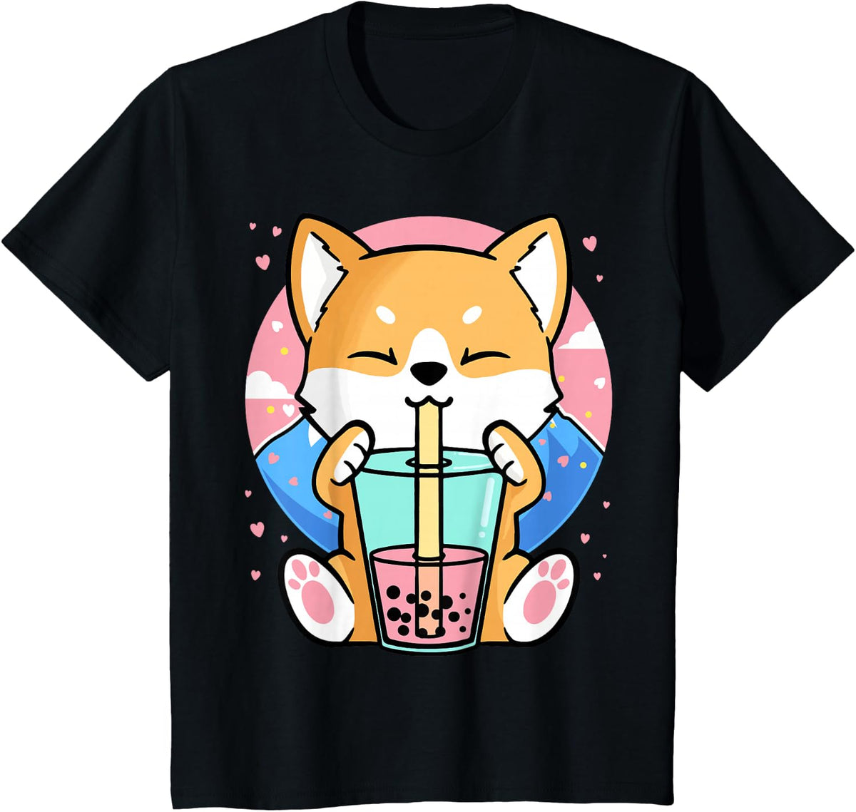 Kawaii Corgi Dog Bubble Tea Boba Anime Neko Japanese T-Shirt - Black