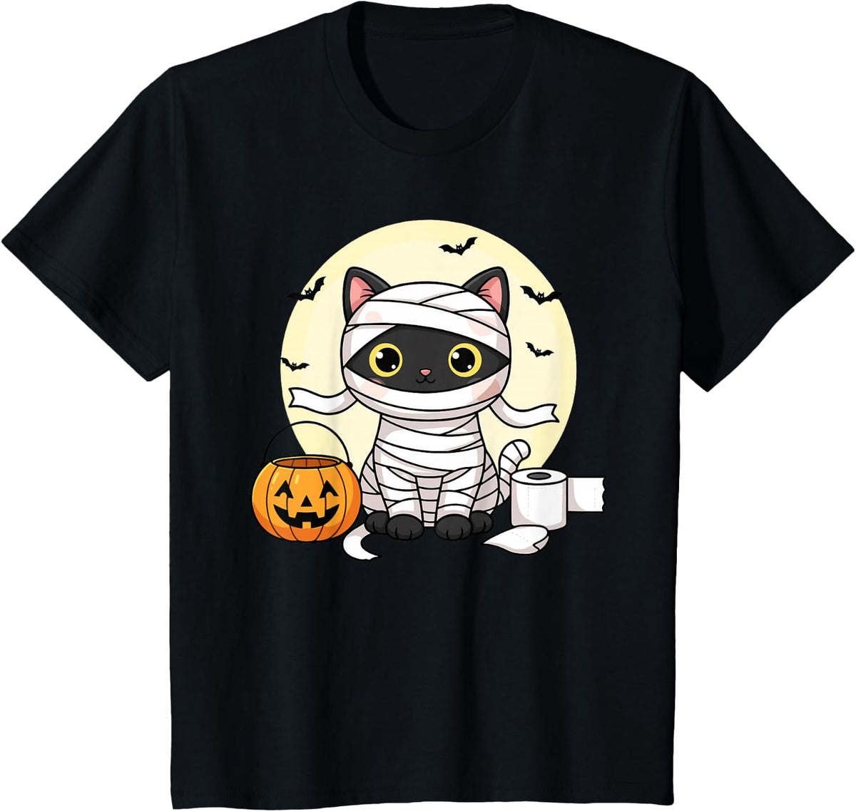 Kawaii Mummy Cat Halloween Black Cat Trick or Treat T-Shirt - Black