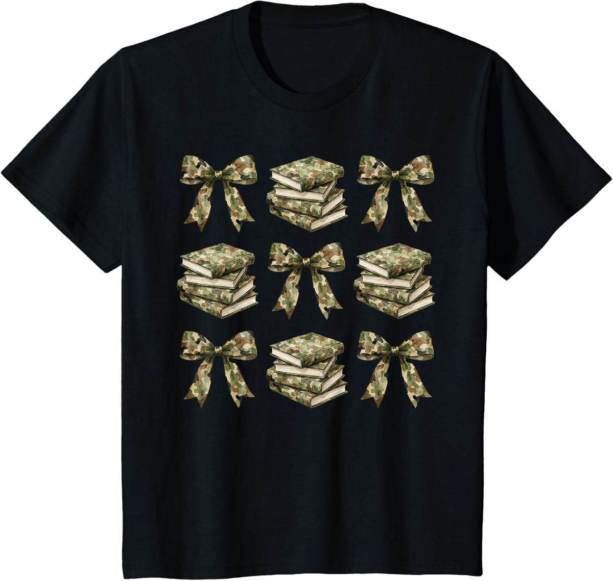 Camo Coquette Bow Teacher Bookish Girl Camouflage Reading T-Shirt - Black