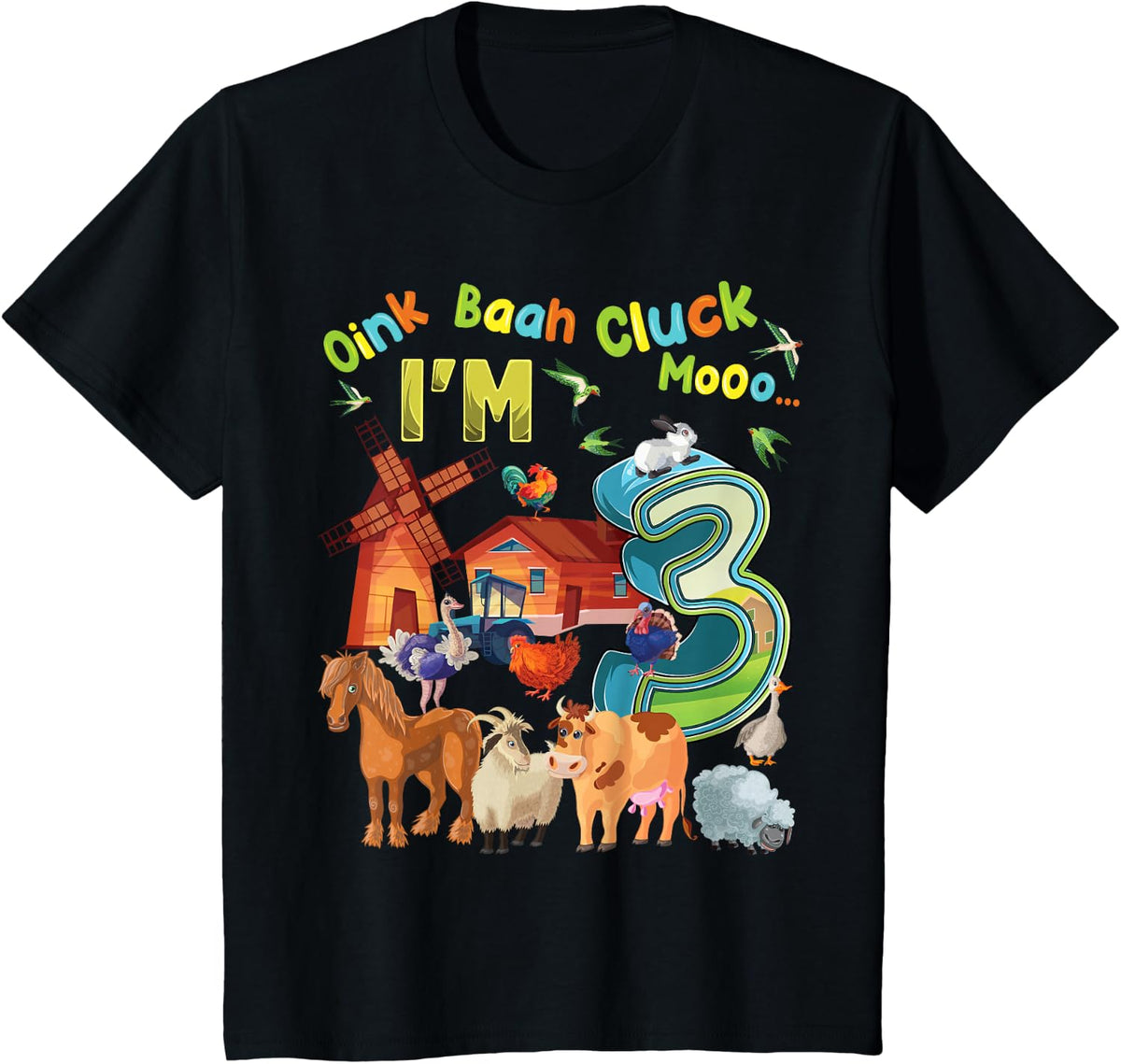 Barnyard 3rd Birthday Farm Animals 3 Years Old Farming T-Shirt - Black