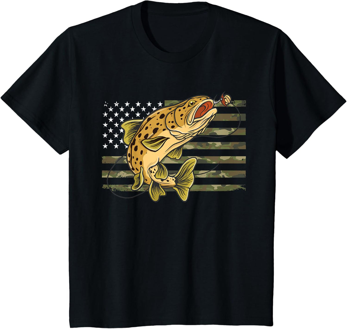 Brown Trout Fish Camouflage US American Flag Camo Fisherman T-Shirt - Black