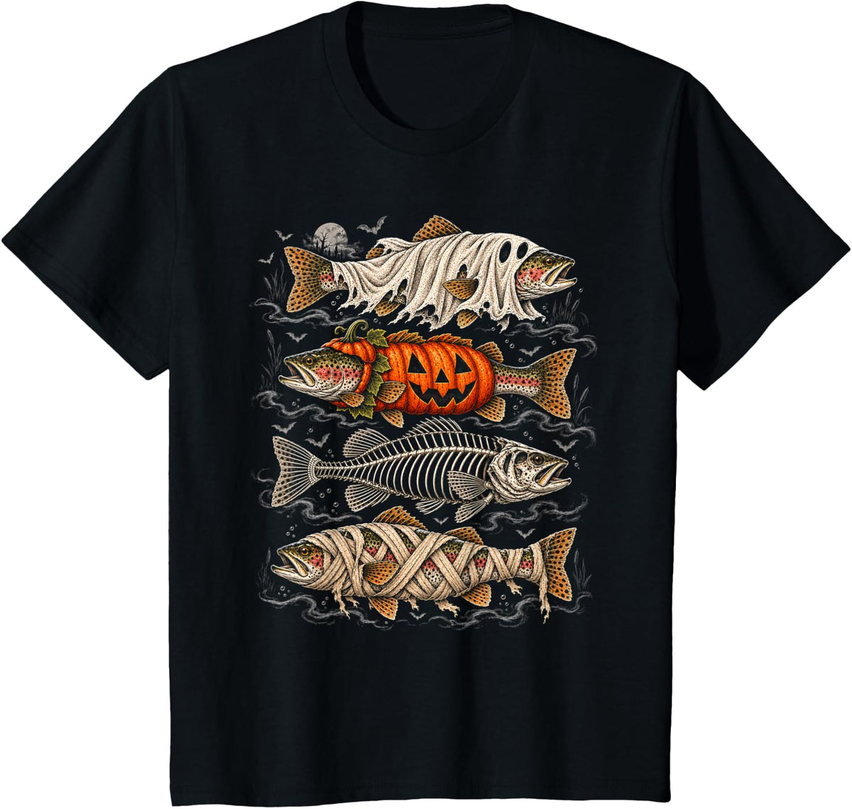 Halloween Trout Fish Ghost Pumpkin Skeleton Mummy Costume T-Shirt - Black