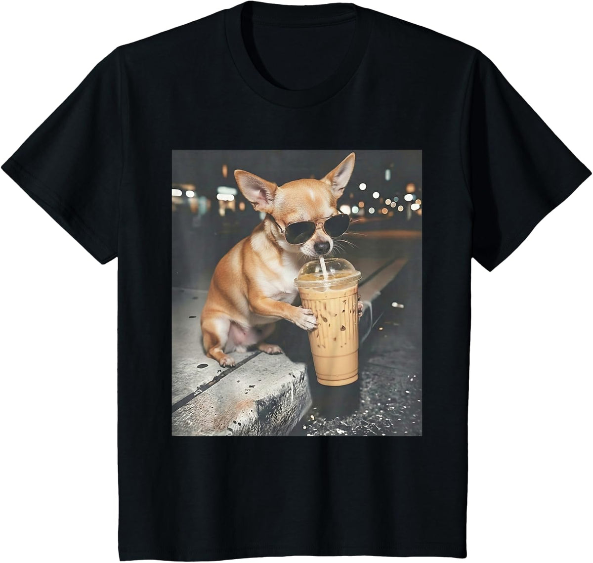 Chihuahua Drinking Iced Coffee Funny Animal Meme Dog Lover T-Shirt - Black