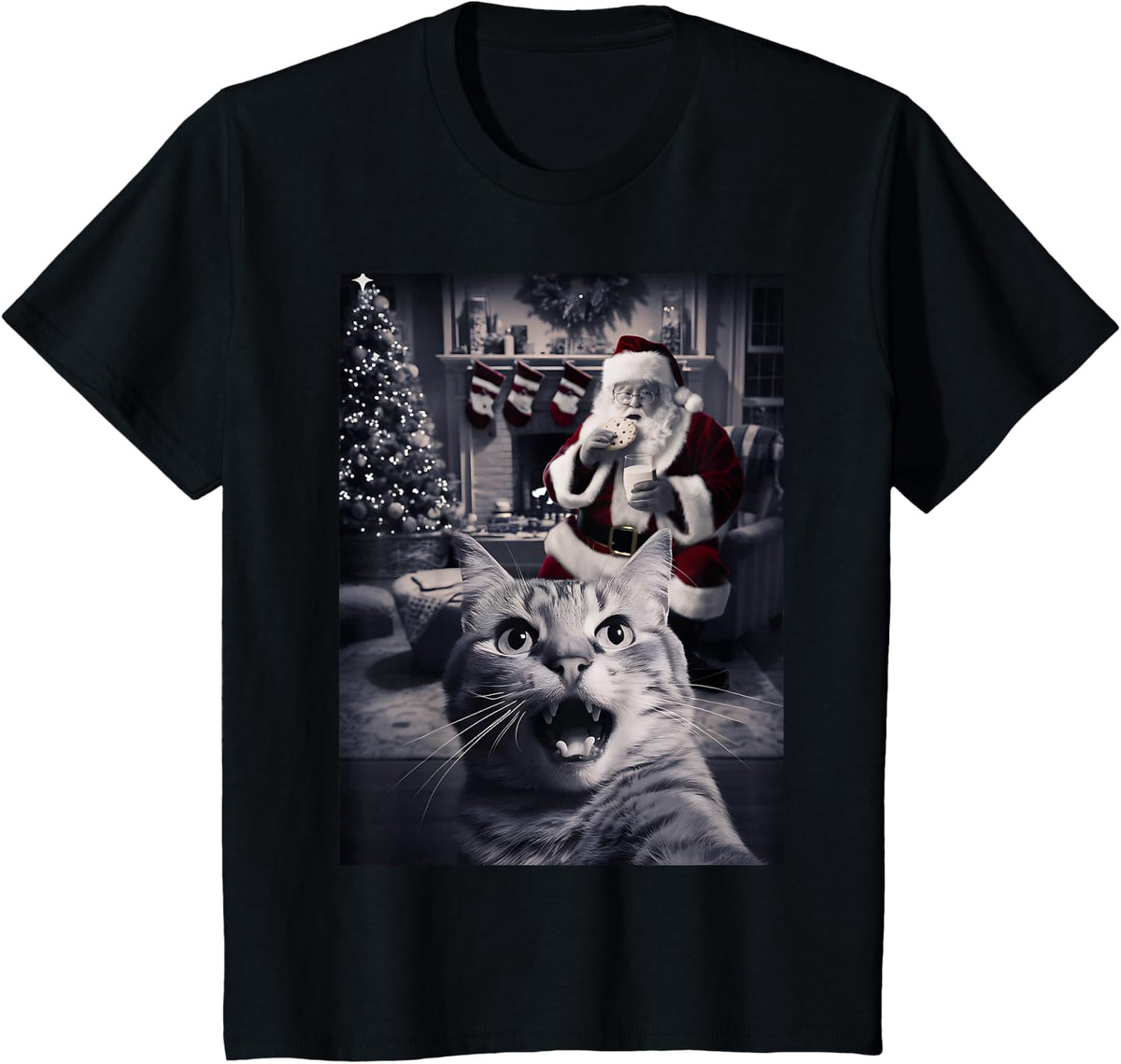 Funny Cat Selfie Santa Christmas T-Shirt - Black