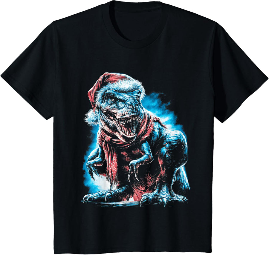 Retro Christmas T-rex with Santa Hat 90s Dinosaur Xmas T-Shirt - Black