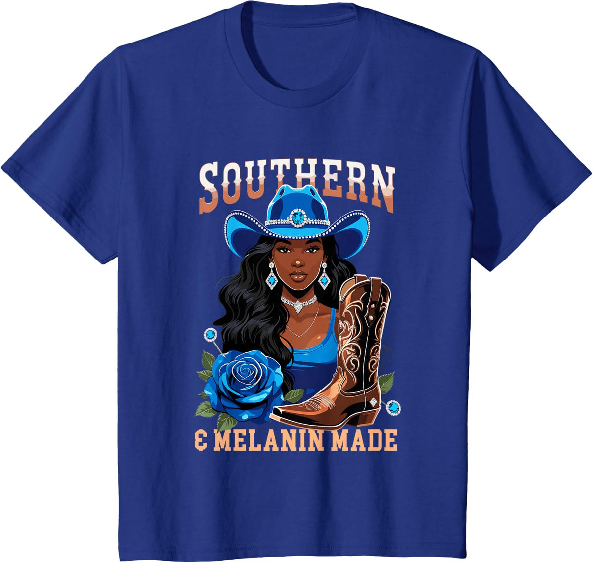Southern & Melanin Made Black Cowgirl Western Texas Rodeo T-Shirt - Royal Blue