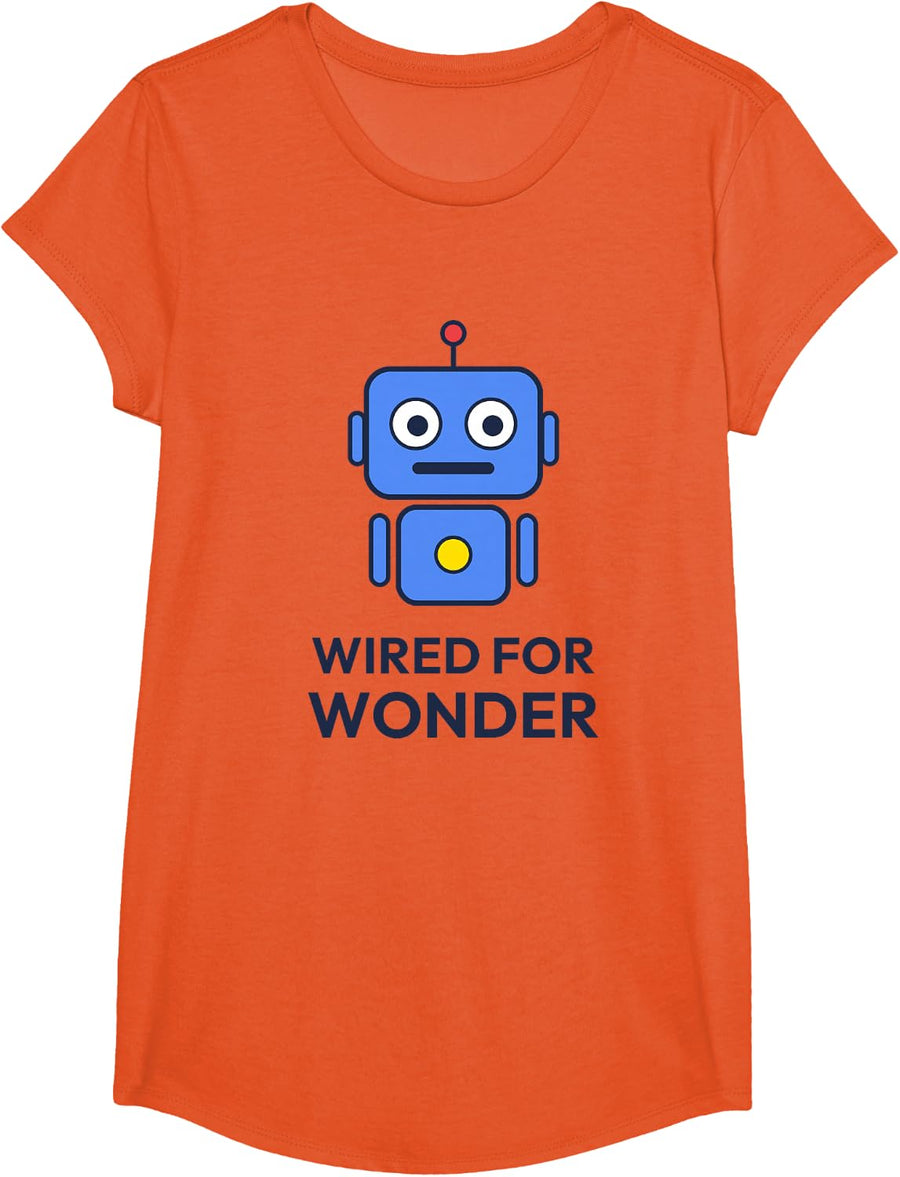 Wired for Wonder Cute Robot Autism Acceptance Neurodiversity T-Shirt - Girls Orange