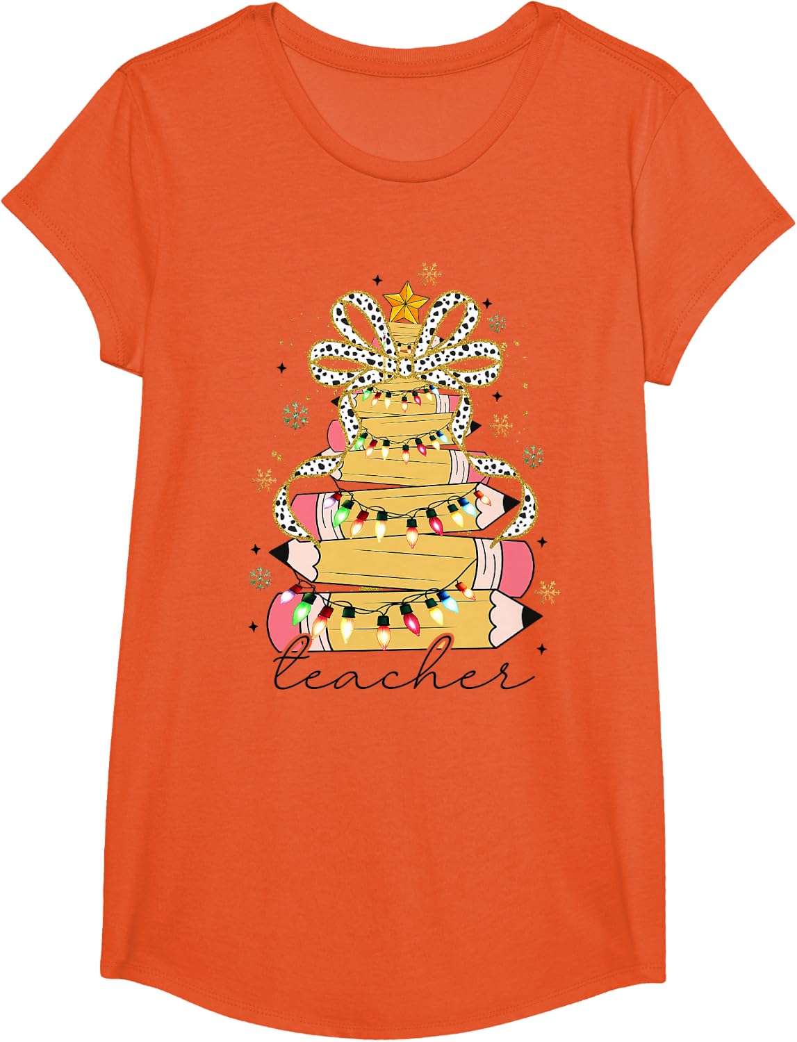Teacher Crayon Christmas Tree Lights Student School Xmas T-Shirt - Girls Orange
