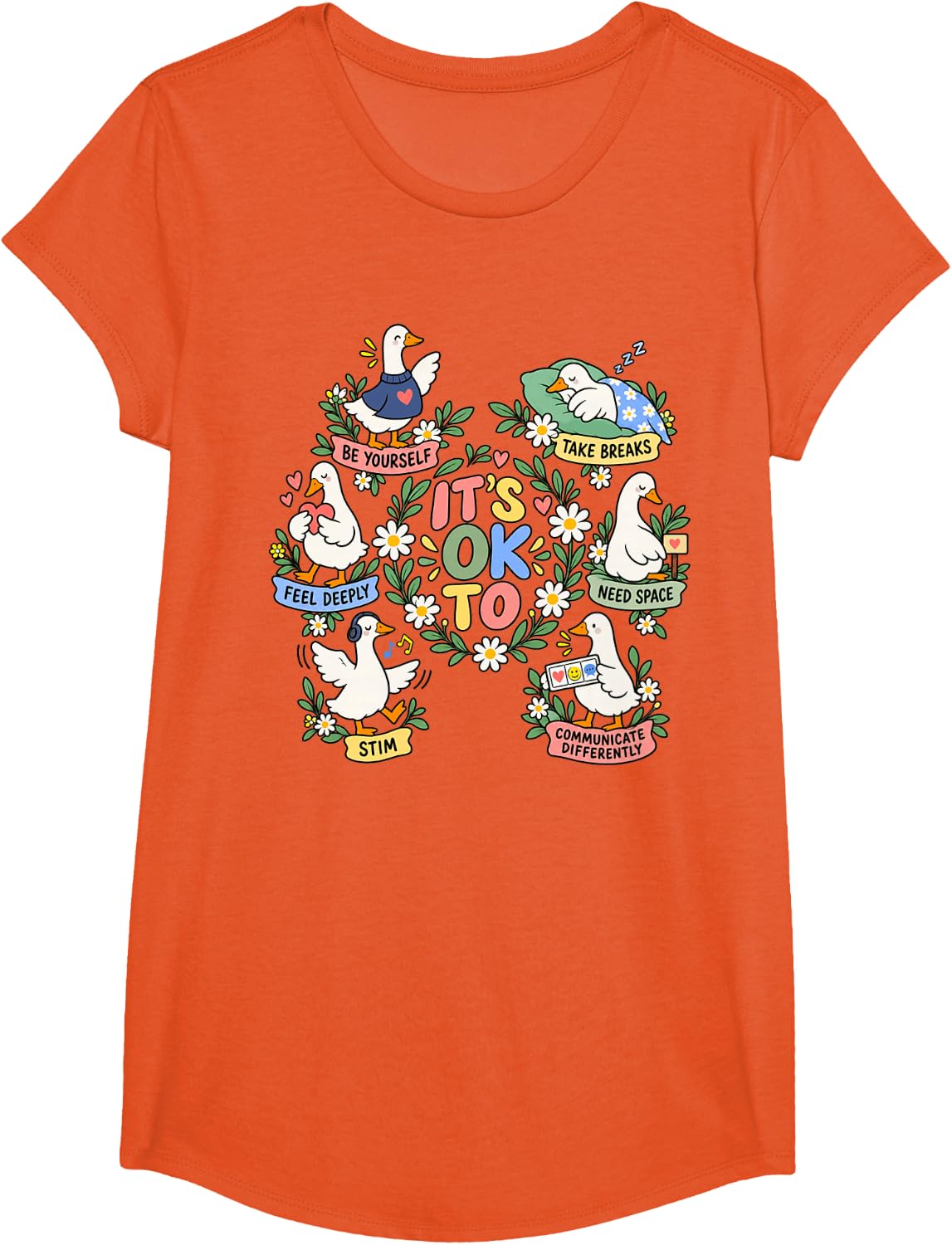 It's OK to Need Space Stim Unmask Goose Neurodiversity T-Shirt - Girls Orange