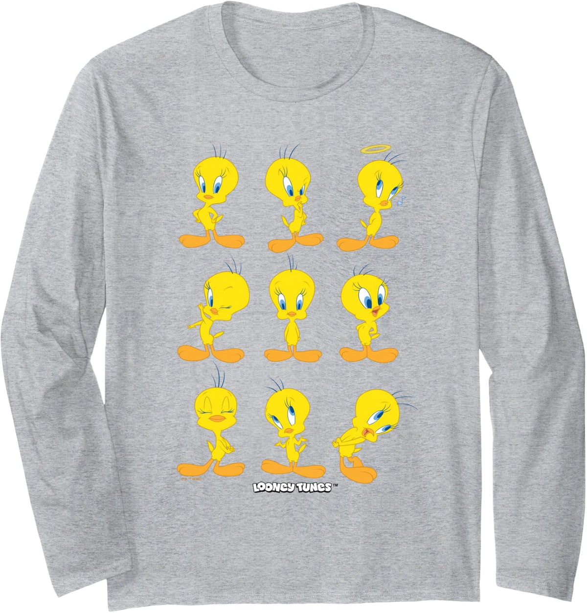 Looney Tunes Tweety Character Poses Long Sleeve T-Shirt - Adult Unisex Heather Grey