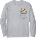 Pocket Corgi Dog, Puppy Owners, Dad Mom Boy Girl Funny Long Sleeve T-Shirt - Adult Unisex Heather Grey