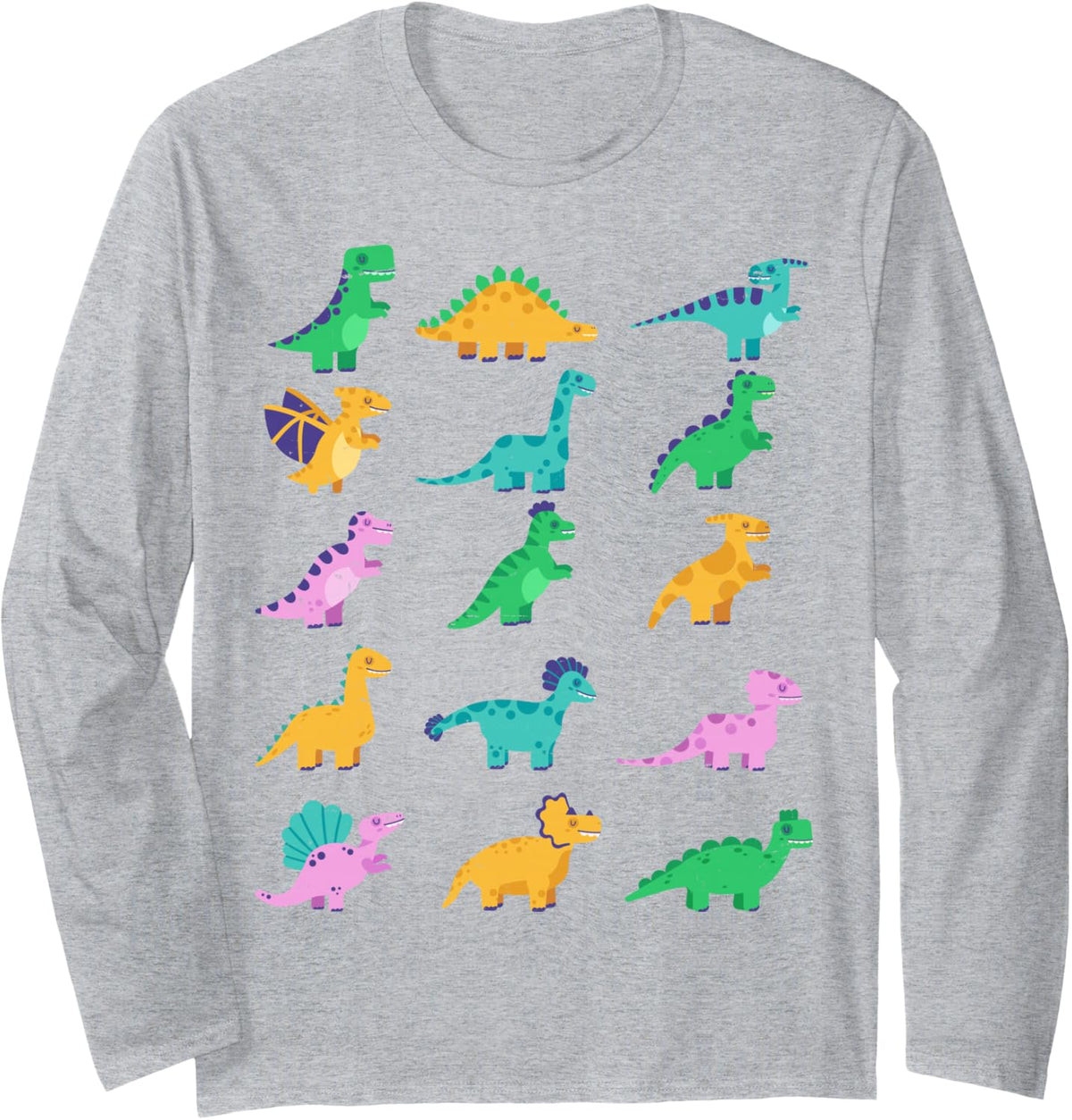 Types of Dinosaurs Cute Pastel Cartoon Dinos for Kids Long Sleeve T-Shirt - Adult Unisex Heather Grey