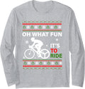 Funny Oh What Fun Ugly Christmas Sweater Cycling Bicycle Long Sleeve T-Shirt - Adult Unisex Heather Grey