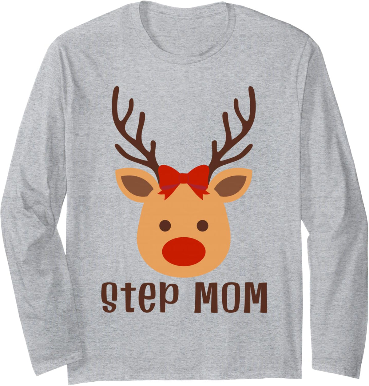 Merry Stepmom Cute Reindeer Bow Christmas Family Matching Long Sleeve T-Shirt - Adult Unisex Heather Grey